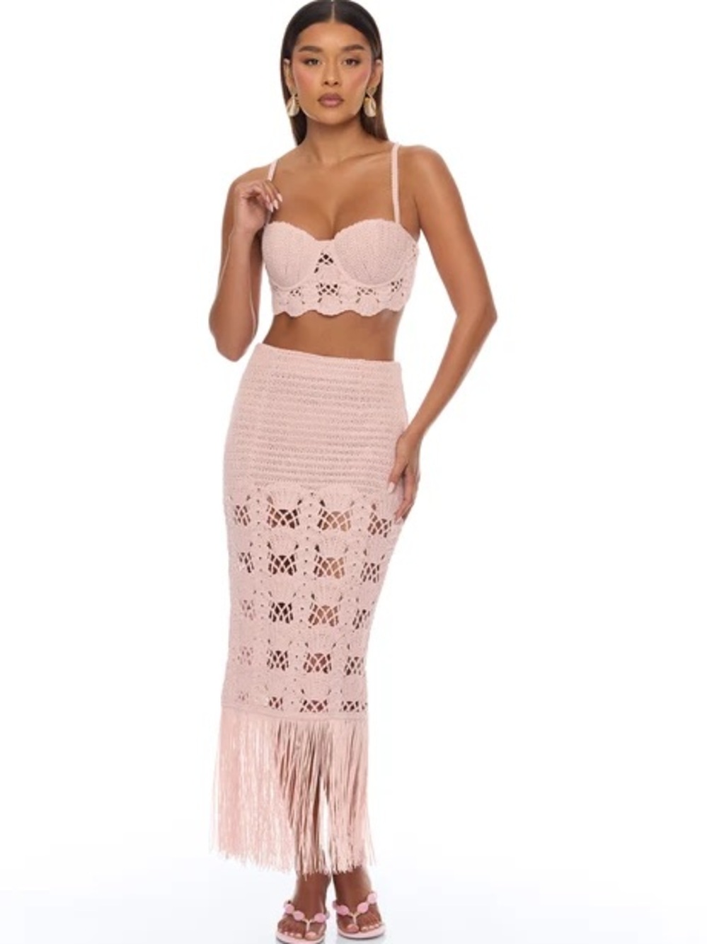 Pink Crochet Fringe Maxi Skirt and top set